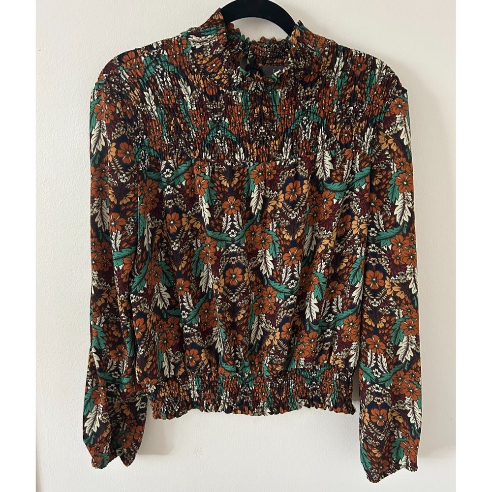 Essue Women's Floral Smocked Mock Neck Long Sleeve Blouse Size Medium‎